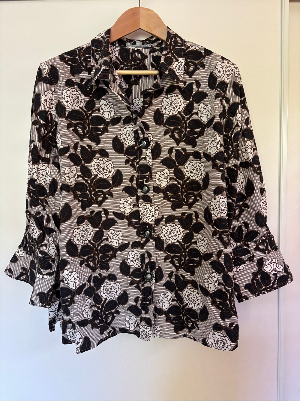 Foxcroft Floral Button-Down Shirt Size 20 Brown White Modest Office Church Event